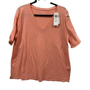 EILEEN FISHER Peach Slubby Organic Cotton Jersey V Neck Tee Shirt Top L/G